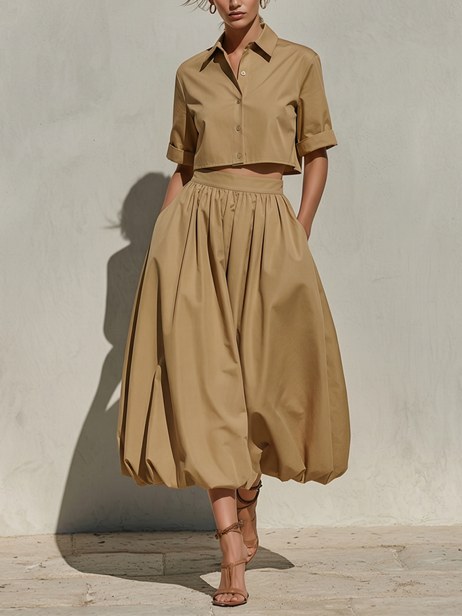Khaki Cotton Point Collar Cropped Shirt