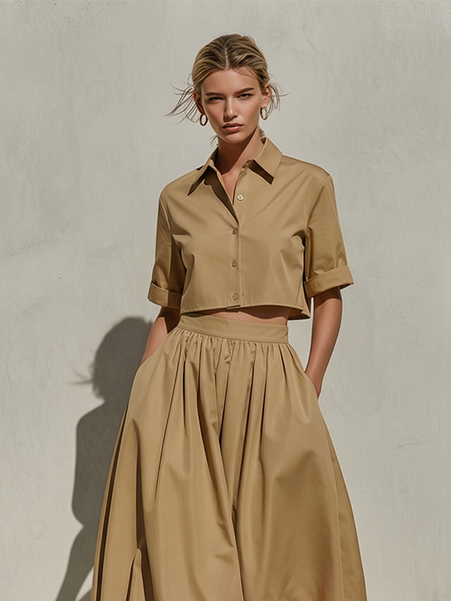 Khaki Cotton Point Collar Cropped Shirt