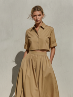 Khaki Cotton Point Collar Cropped Shirt