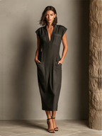 Red Linen Keyhole Neck Flared Dress