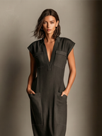 Red Linen Keyhole Neck Flared Dress