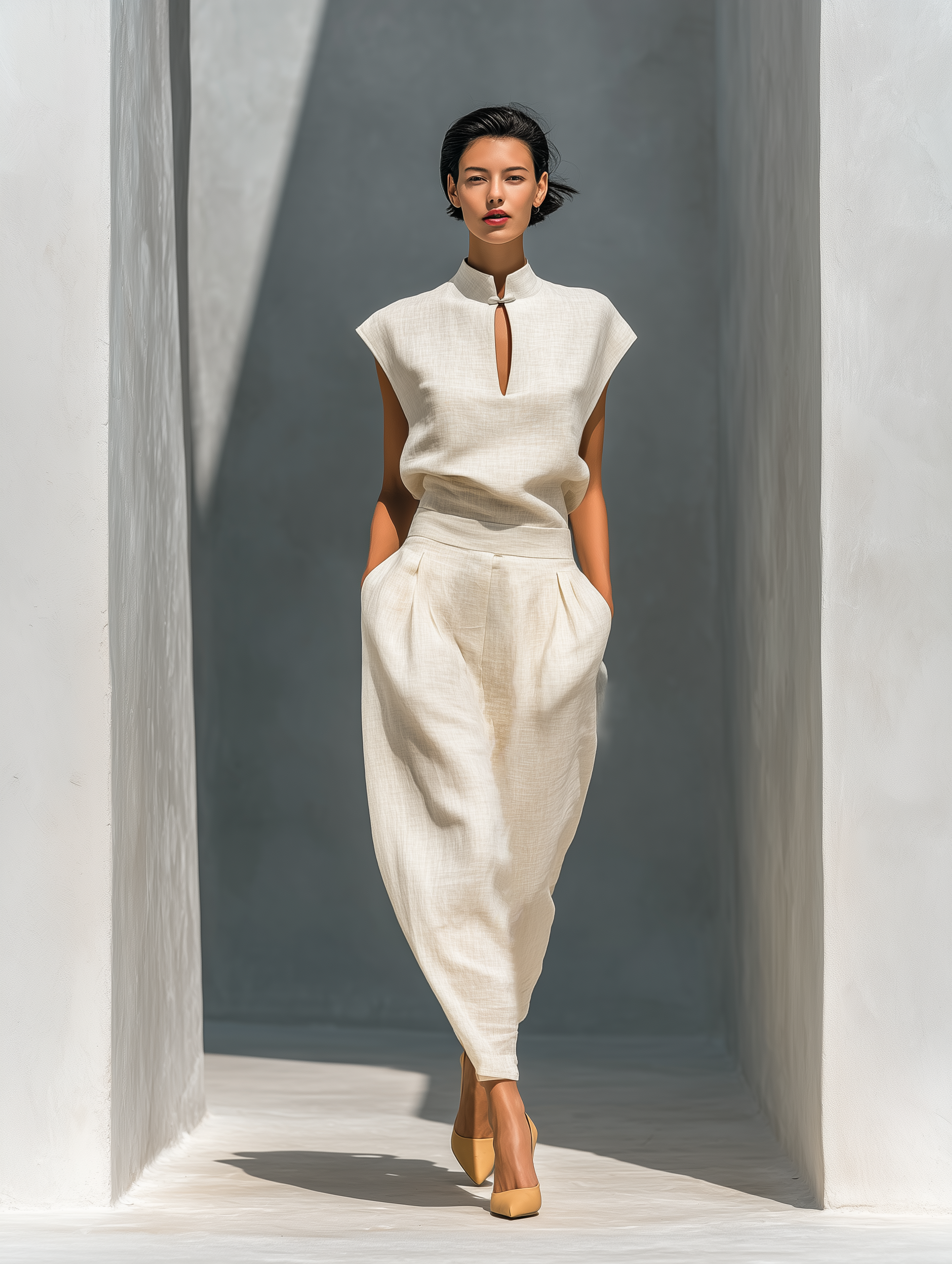 Ivory Mandarin Collar Keyhole Top & Barrel Skirt Set