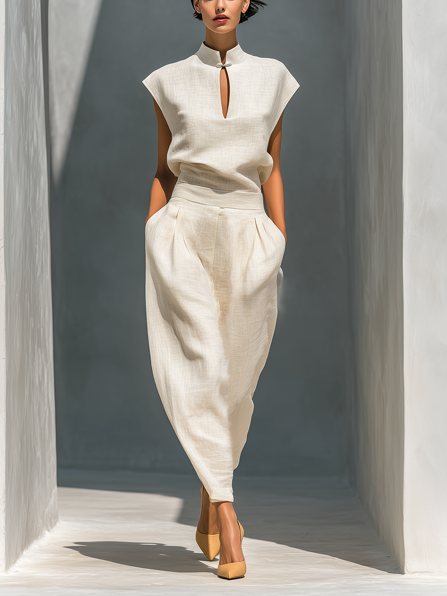 Ivory Mandarin Collar Keyhole Top & Barrel Skirt Set