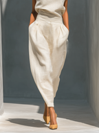 Ivory Mandarin Collar Keyhole Top & Barrel Skirt Set