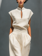 Ivory Mandarin Collar Keyhole Top & Barrel Skirt Set