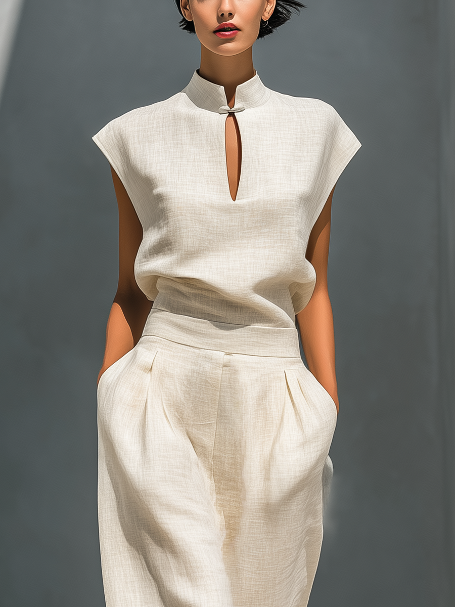 Ivory Mandarin Collar Keyhole Top & Barrel Skirt Set