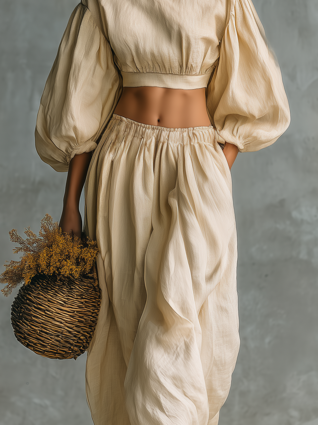 Beige Cotton Linen Crew-Neck Long-Sleeve Top & Trousers