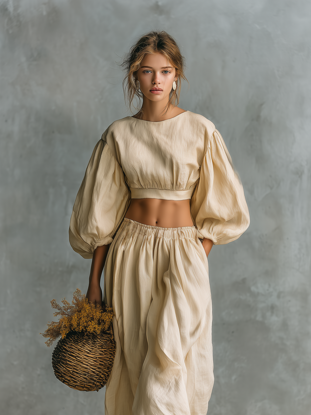 Beige Cotton Linen Crew-Neck Long-Sleeve Top & Trousers