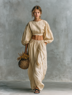 Beige Cotton Linen Crew-Neck Long-Sleeve Top & Trousers
