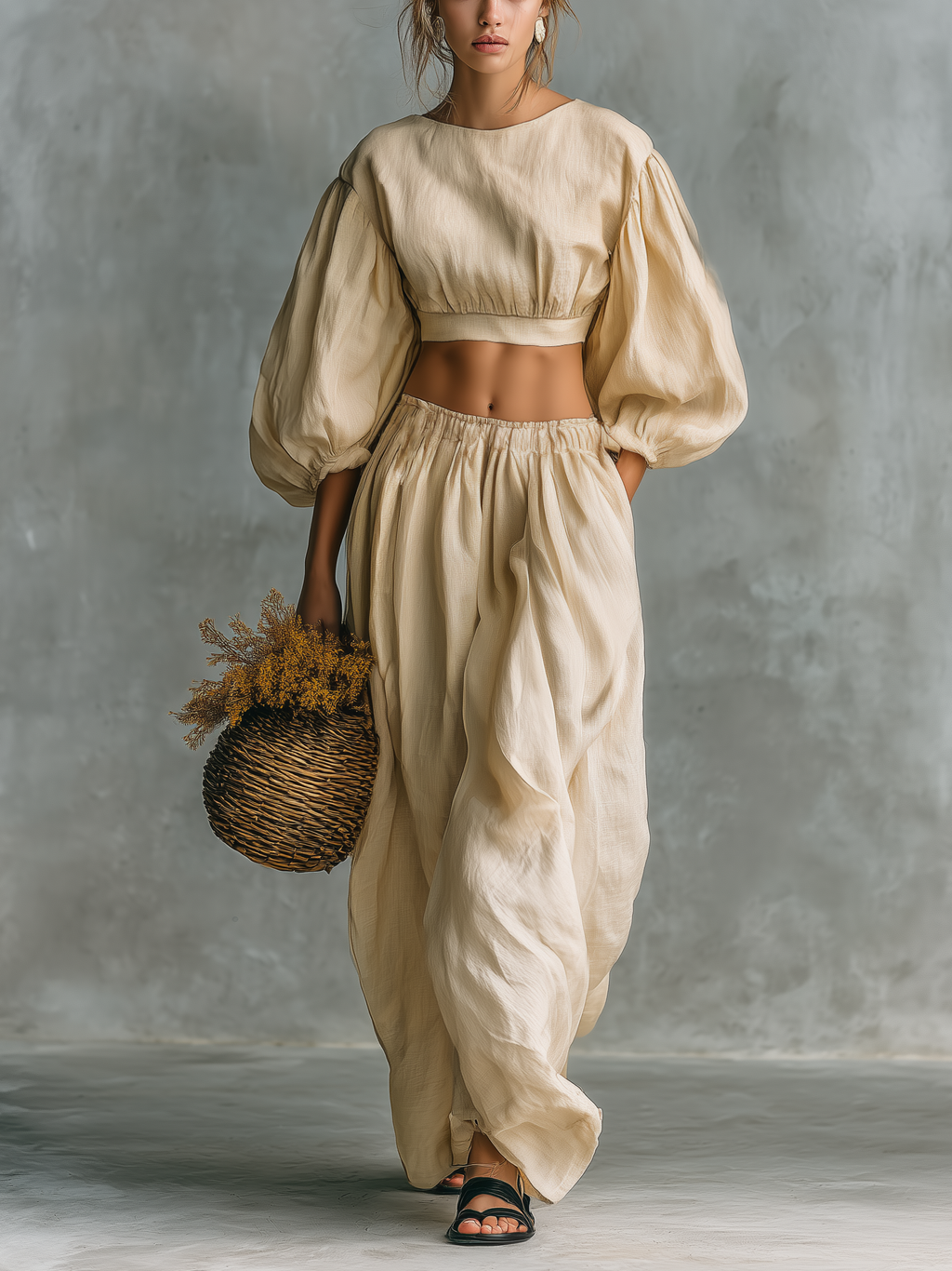 Beige Cotton Linen Crew-Neck Long-Sleeve Top & Trousers