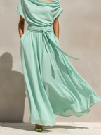 Women's Mint Green Chiffon Maxi Dress With Off-the-Shoulder Draped Neck & Belted Waist, Timeless Romantic-Resort Style Dress MDZ0231D1I
