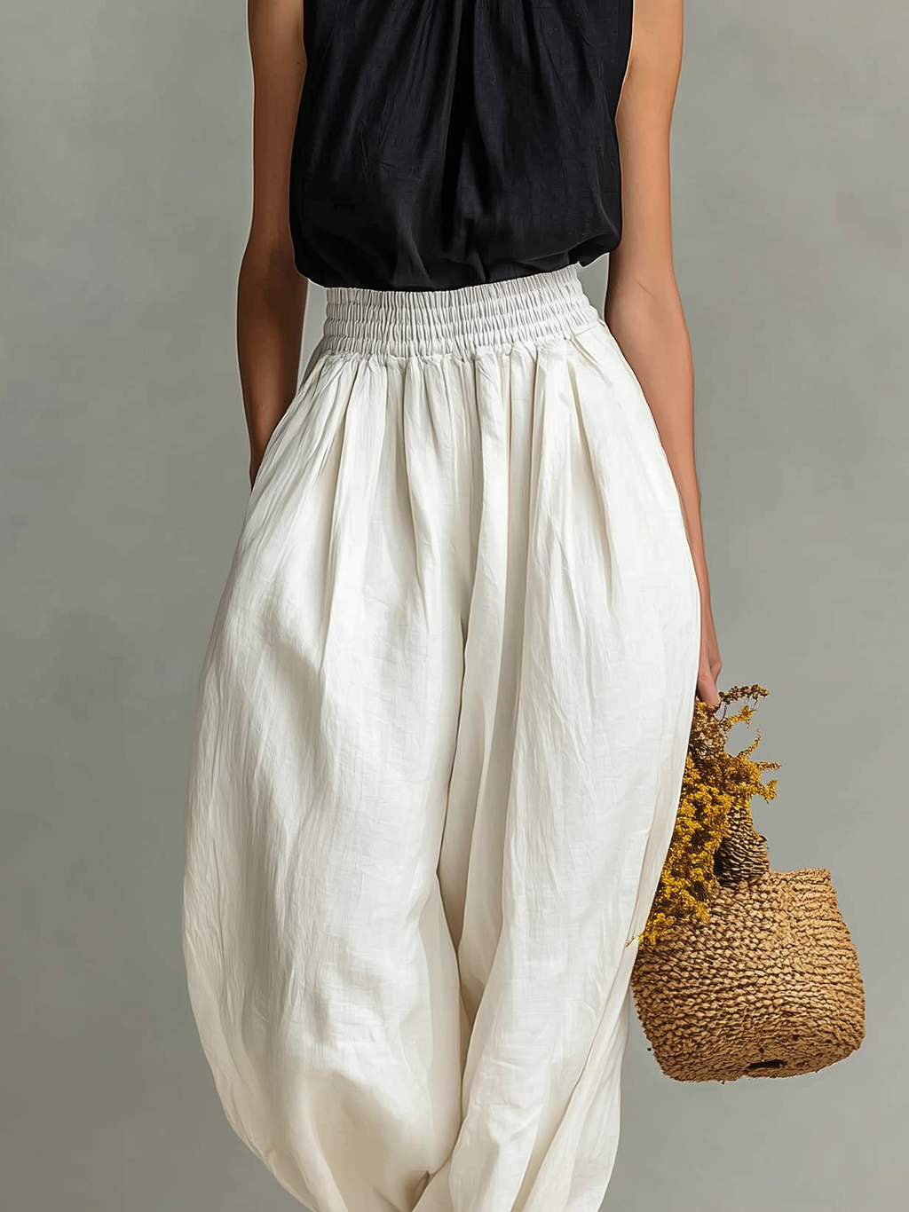 Black Cotton Linen Embroidered Top & White Trousers Set