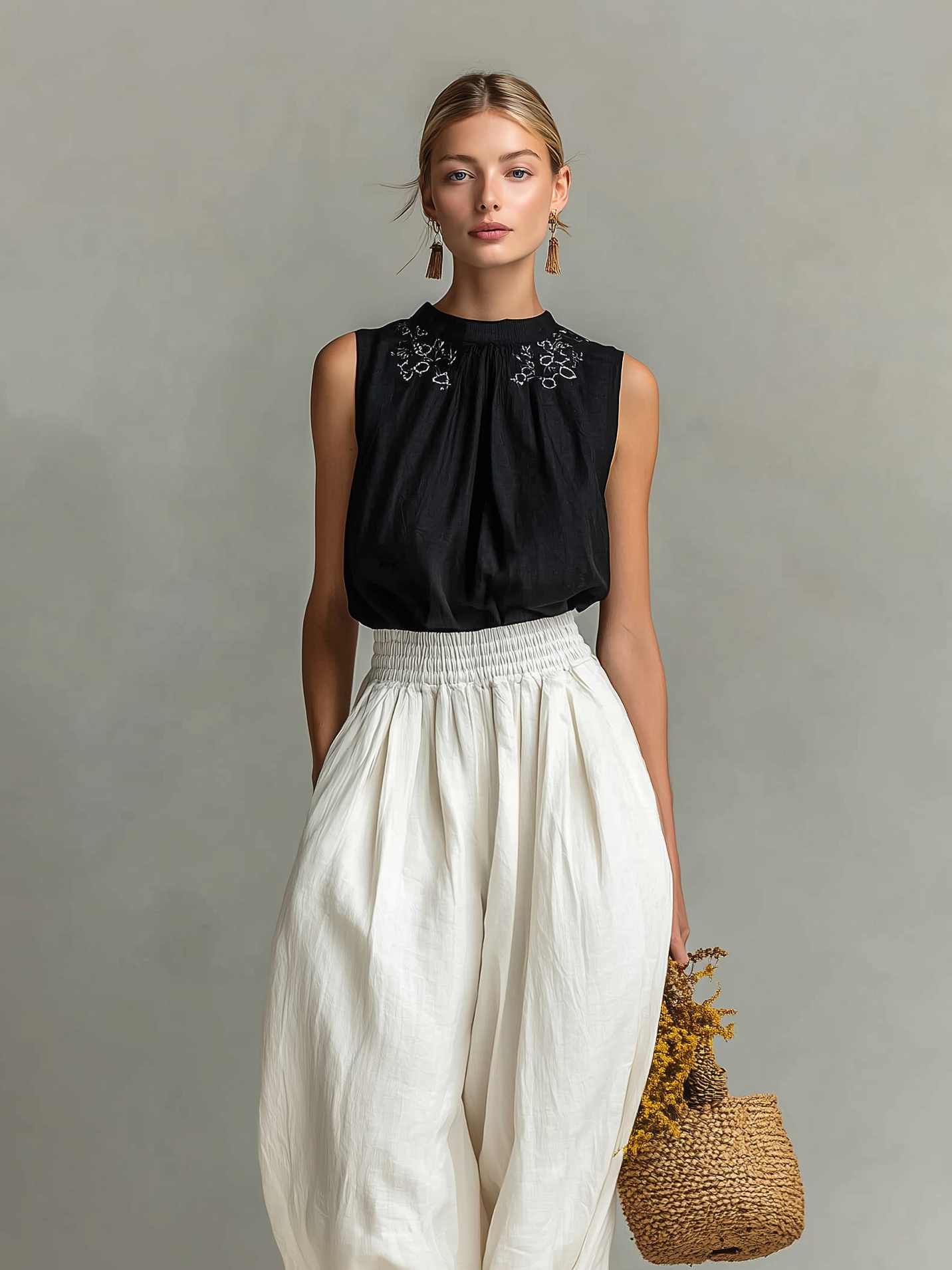 Black Cotton Linen Embroidered Top & White Trousers Set