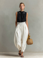 Black Cotton Linen Embroidered Top & White Trousers Set