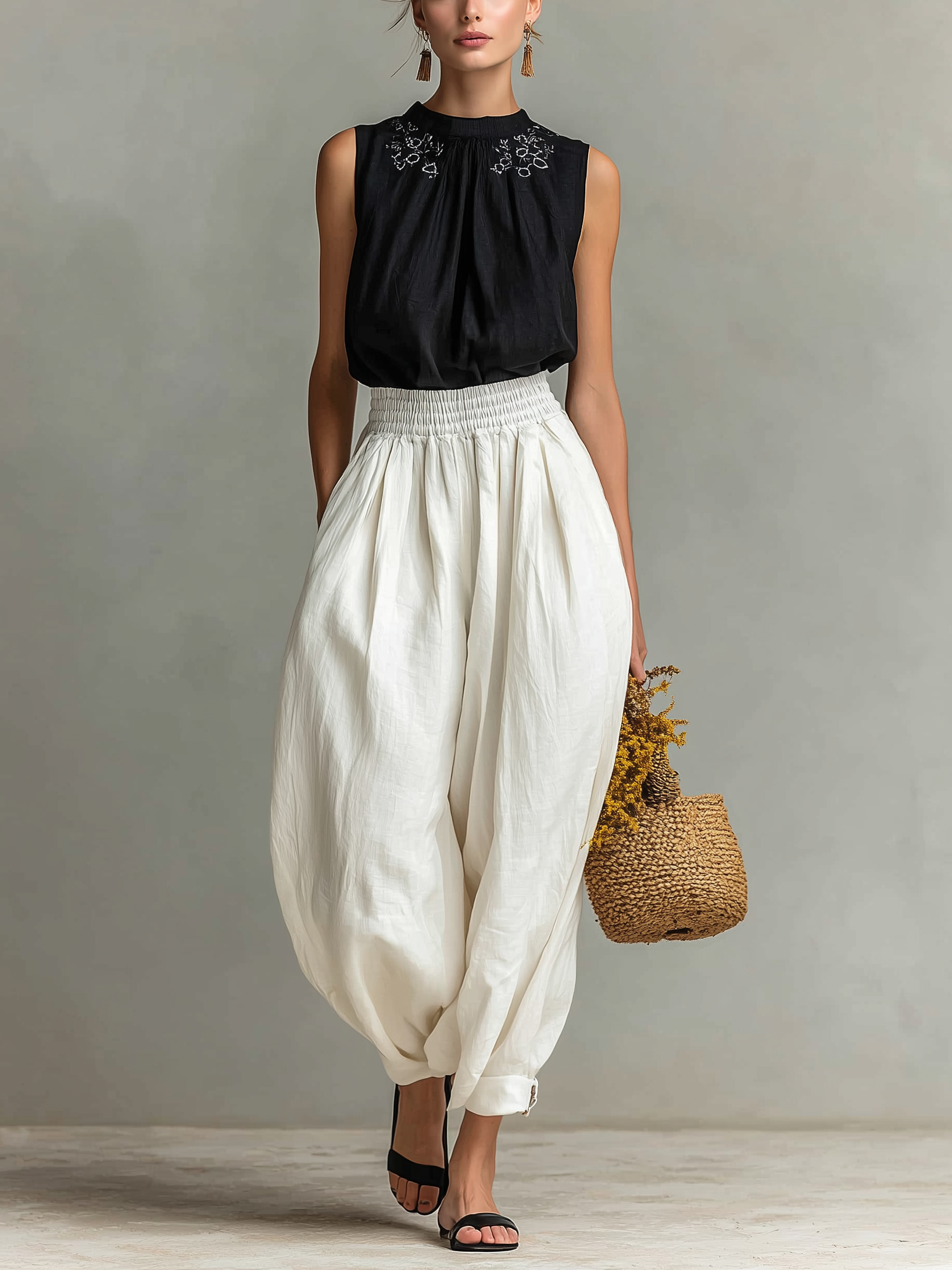 Black Cotton Linen Embroidered Top & White Trousers Set