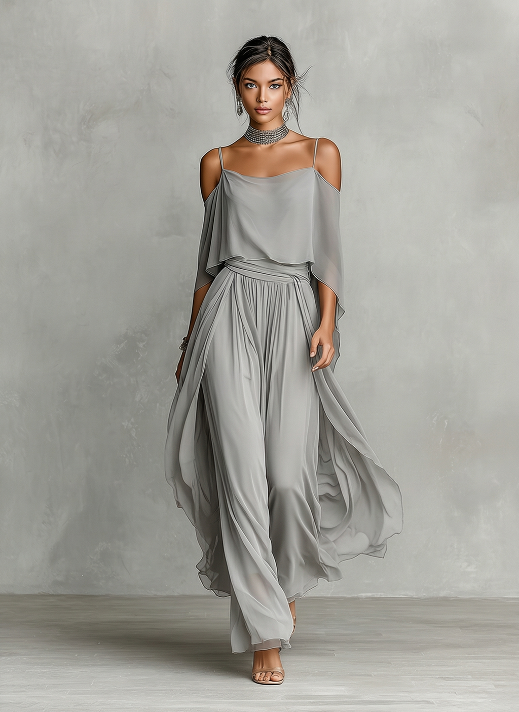 Chiffon Cold-Shoulder Flared Set