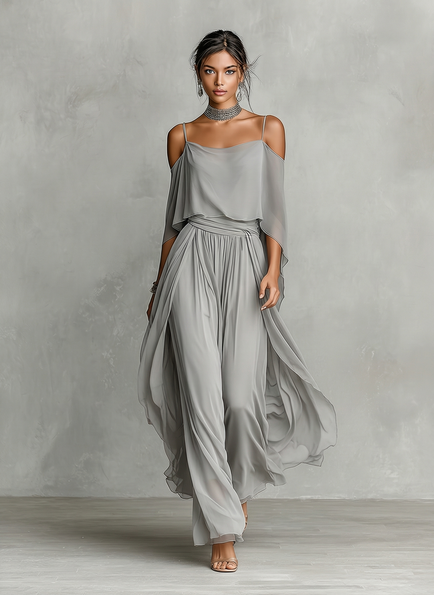 Chiffon Cold-Shoulder Flared Set