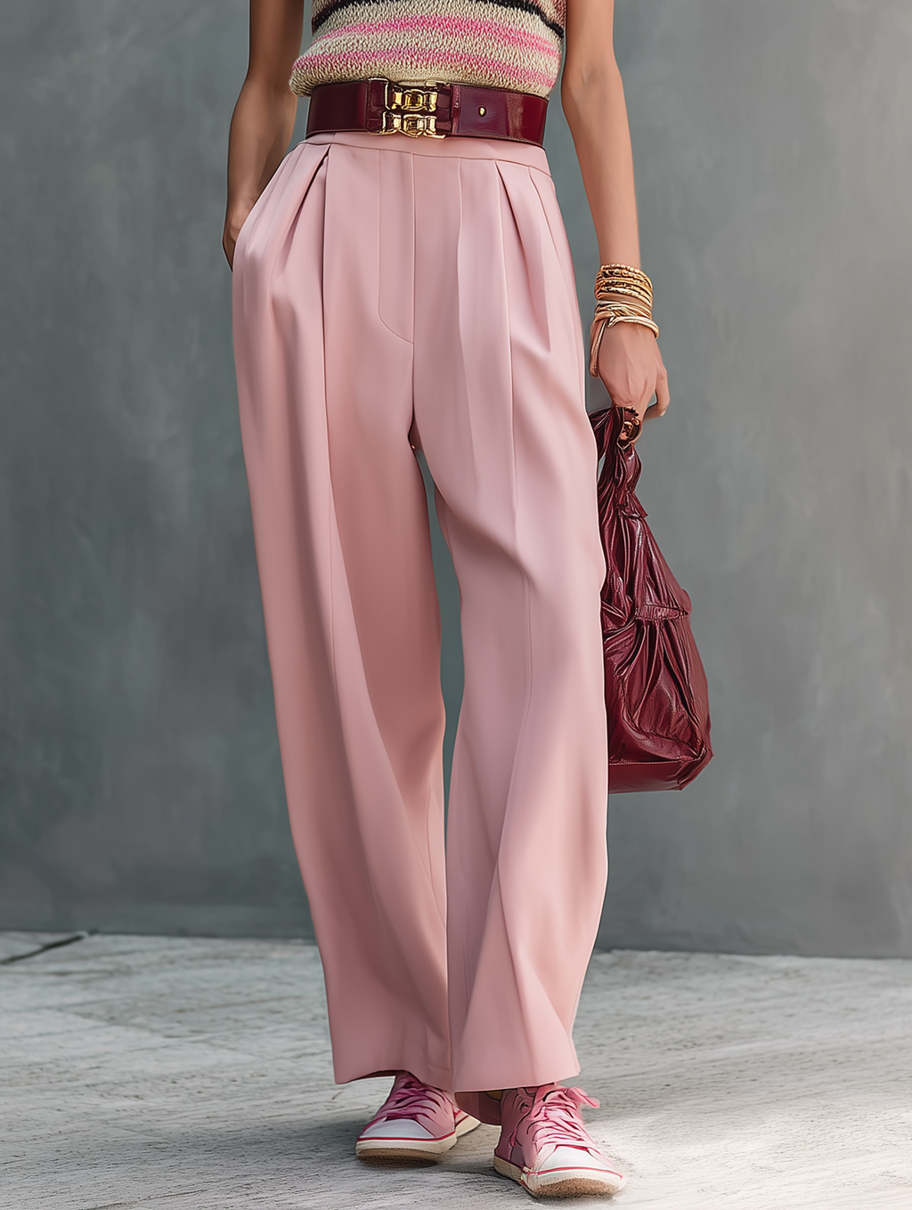 Women's Minimalist Striped Knitted Sleeveless Sweater And Straight-Leg Pants Set MDZ0252D4Y