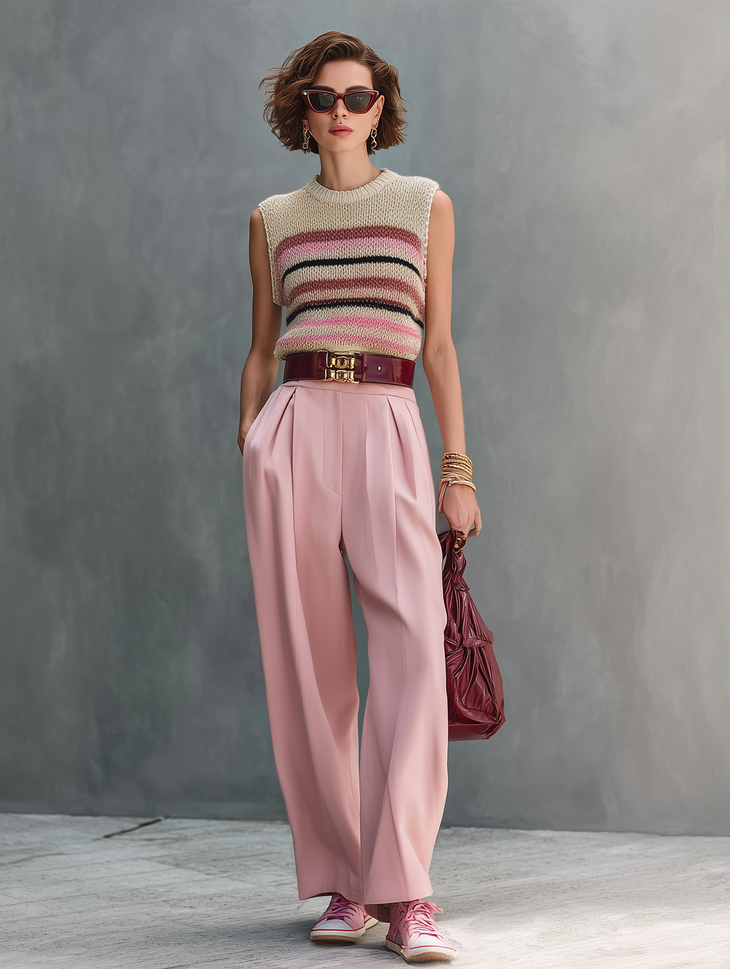 Women's Minimalist Striped Knitted Sleeveless Sweater And Straight-Leg Pants Set MDZ0252D4Y