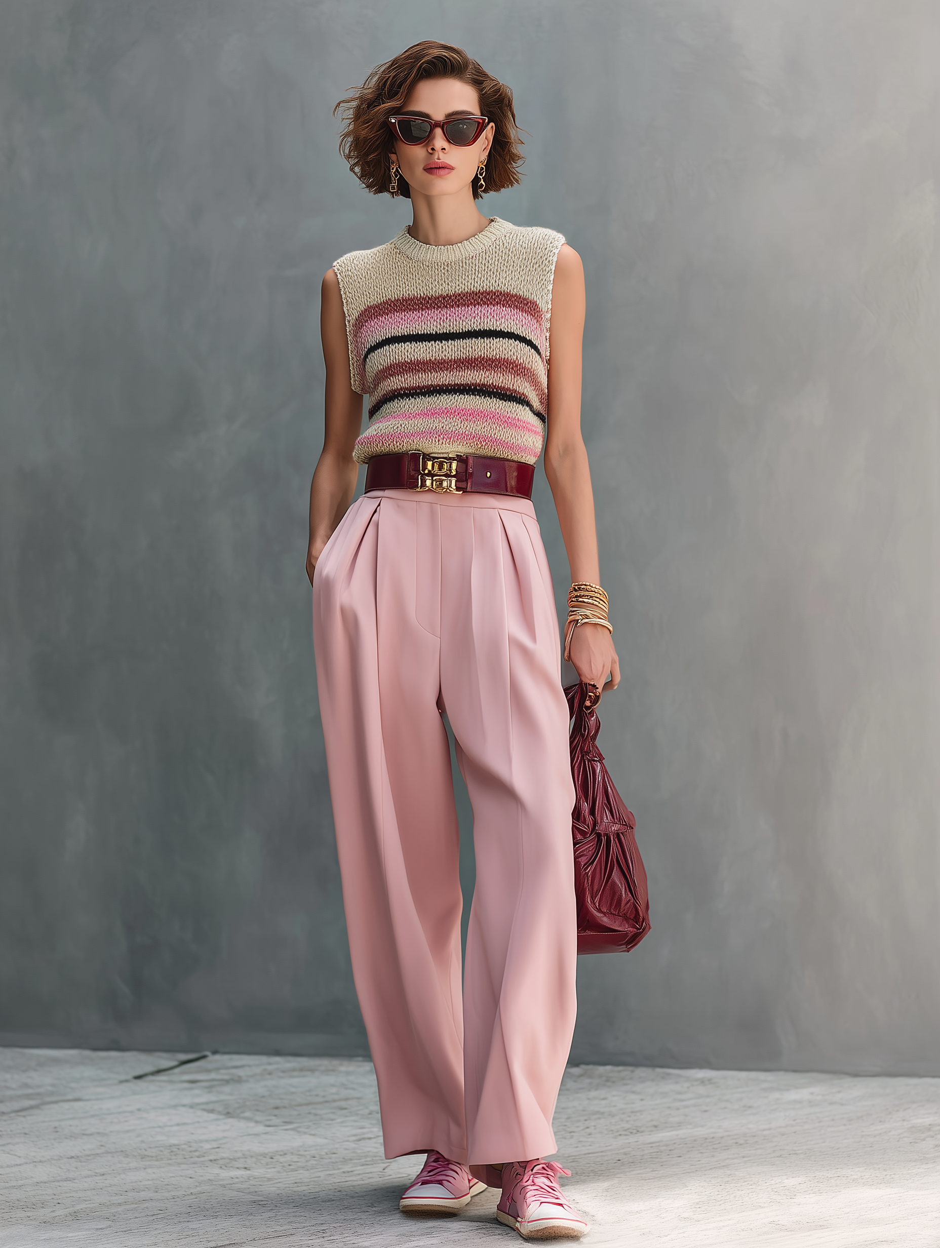 Women's Minimalist Striped Knitted Sleeveless Sweater And Straight-Leg Pants Set MDZ0252D4Y