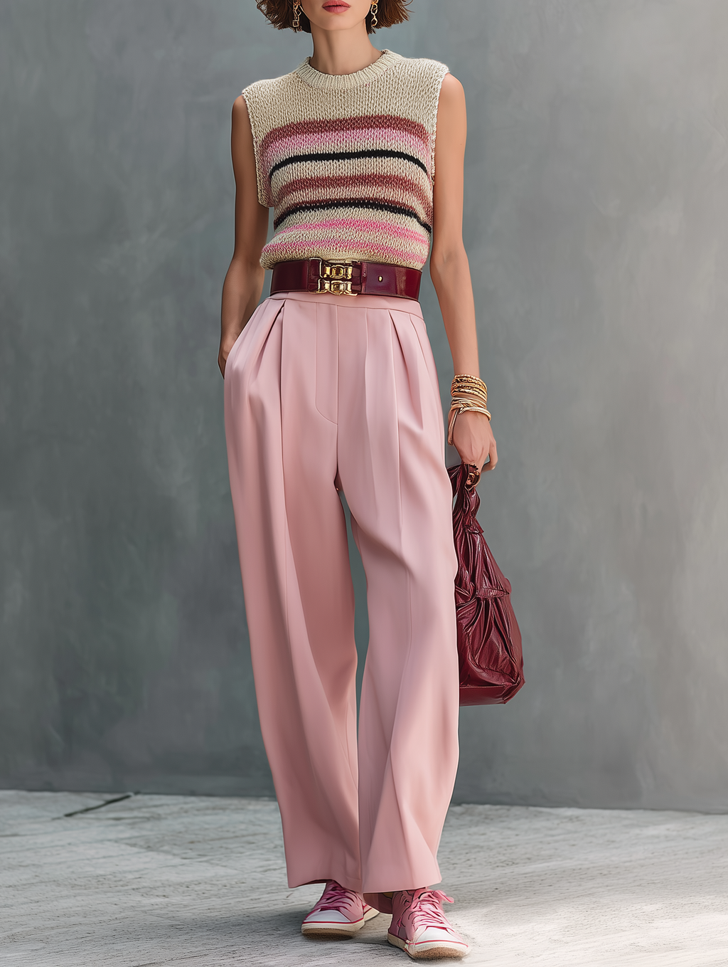 Women's Minimalist Striped Knitted Sleeveless Sweater And Straight-Leg Pants Set MDZ0252D4Y