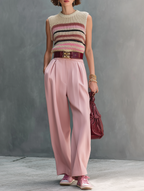 Women's Minimalist Striped Knitted Sleeveless Sweater And Straight-Leg Pants Set MDZ0252D4Y