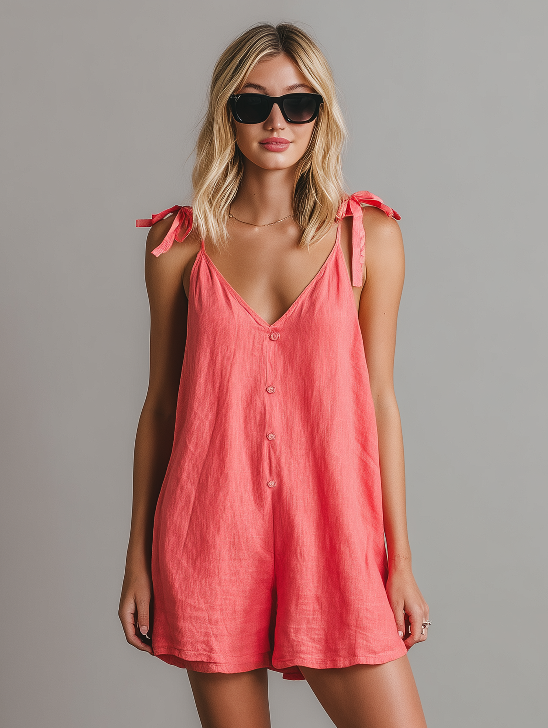 Linen Single-Breasted Tie-Shoulder Romper