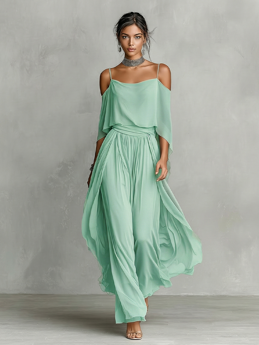 Chiffon Cold-Shoulder Flared Set