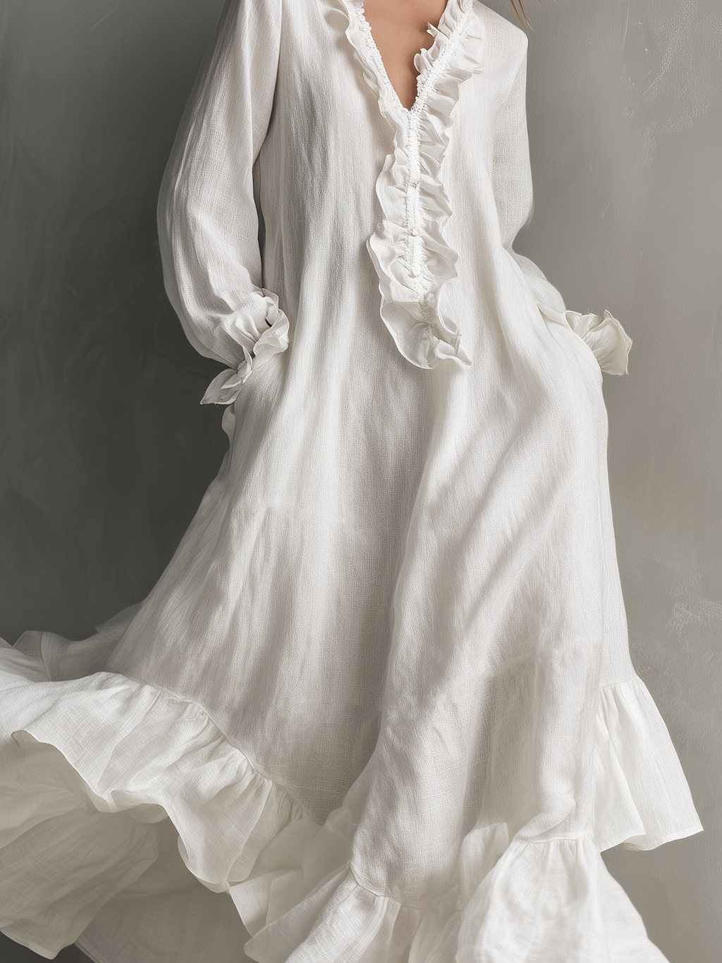 Women's Casual White Cotton Linen V-neck Long-sleeved Loose-fitting Maxi Dress With Lining MDZ0371D3LXY