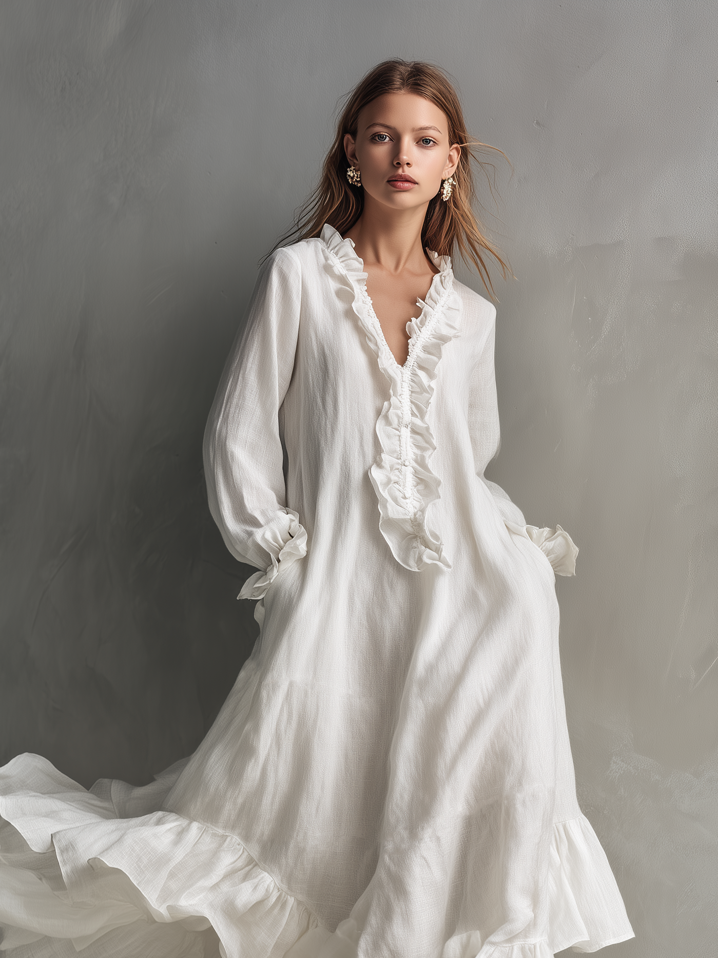 Women's Casual White Cotton Linen V-neck Long-sleeved Loose-fitting Maxi Dress With Lining MDZ0371D3LXY