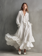 Women's Casual White Cotton Linen V-neck Long-sleeved Loose-fitting Maxi Dress With Lining MDZ0371D3LXY