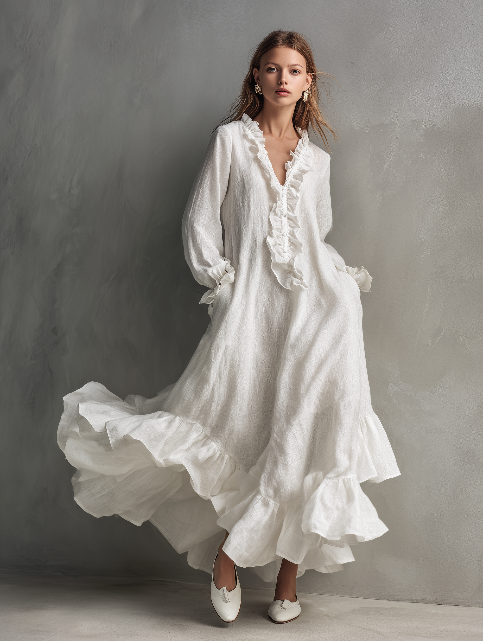 Women's Casual White Cotton Linen V-neck Long-sleeved Loose-fitting Maxi Dress With Lining MDZ0371D3LXY