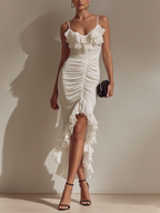 Women Elegant White Chiffon Patchwork Chiffon Ruffled Hem Irregular Slit Maxi Dress MDZ0385D9GMJ