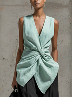 Mint Green Knotted Top & Black Wide-Leg Pants Set