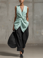 Mint Green Knotted Top & Black Wide-Leg Pants Set