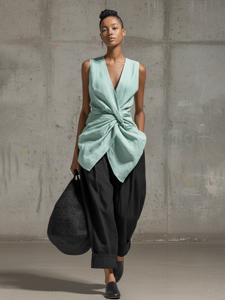 Mint Green Knotted Top & Black Wide-Leg Pants Set