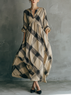 Women's Casual Black & Khaki Plaid Woven Maxi Dress — V-Neck, Mid-Length Sleeves, Loose Fit MDZ0768D8LXY