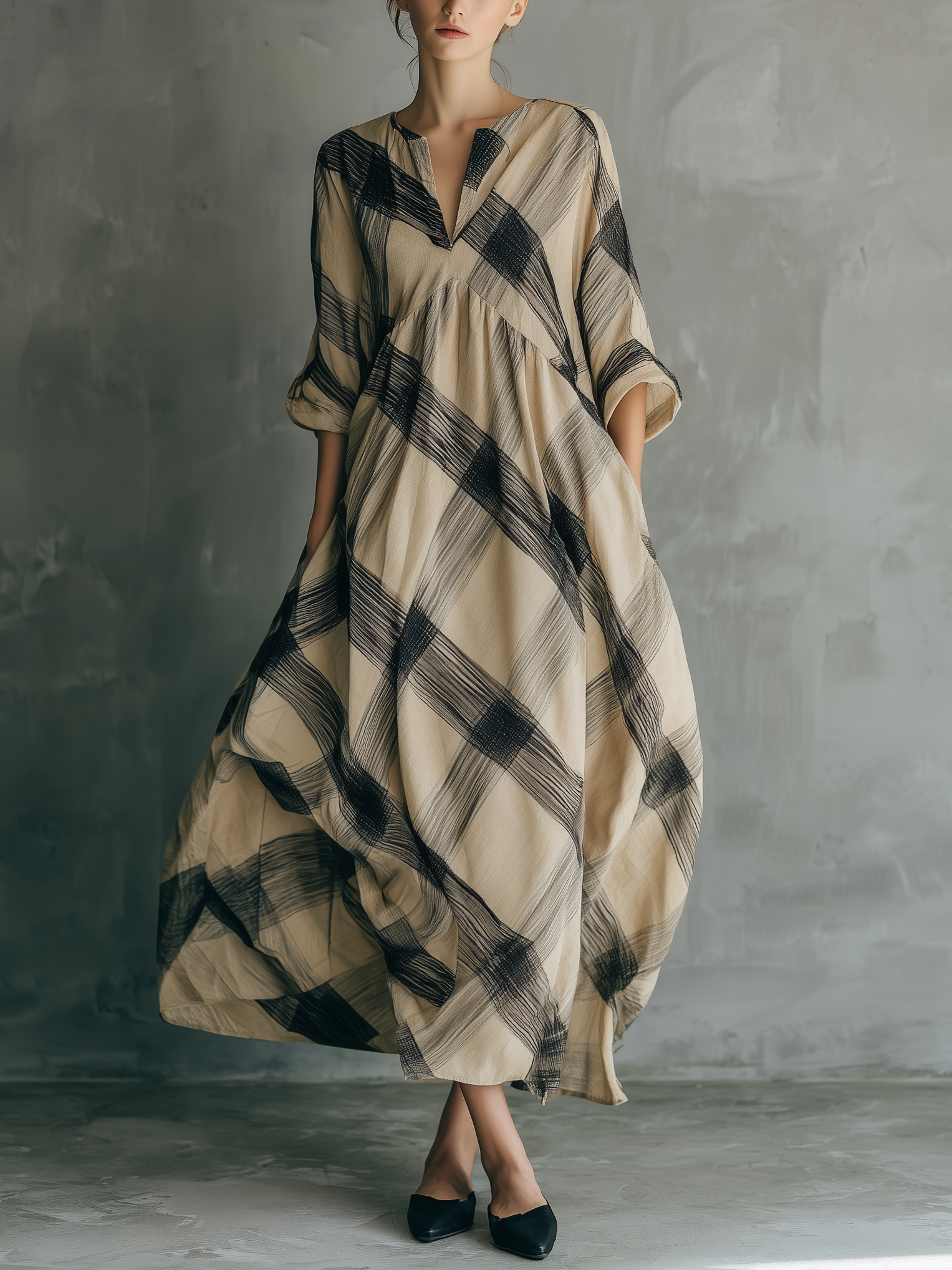 Women's Casual Black & Khaki Plaid Woven Maxi Dress — V-Neck, Mid-Length Sleeves, Loose Fit MDZ0768D8LXY