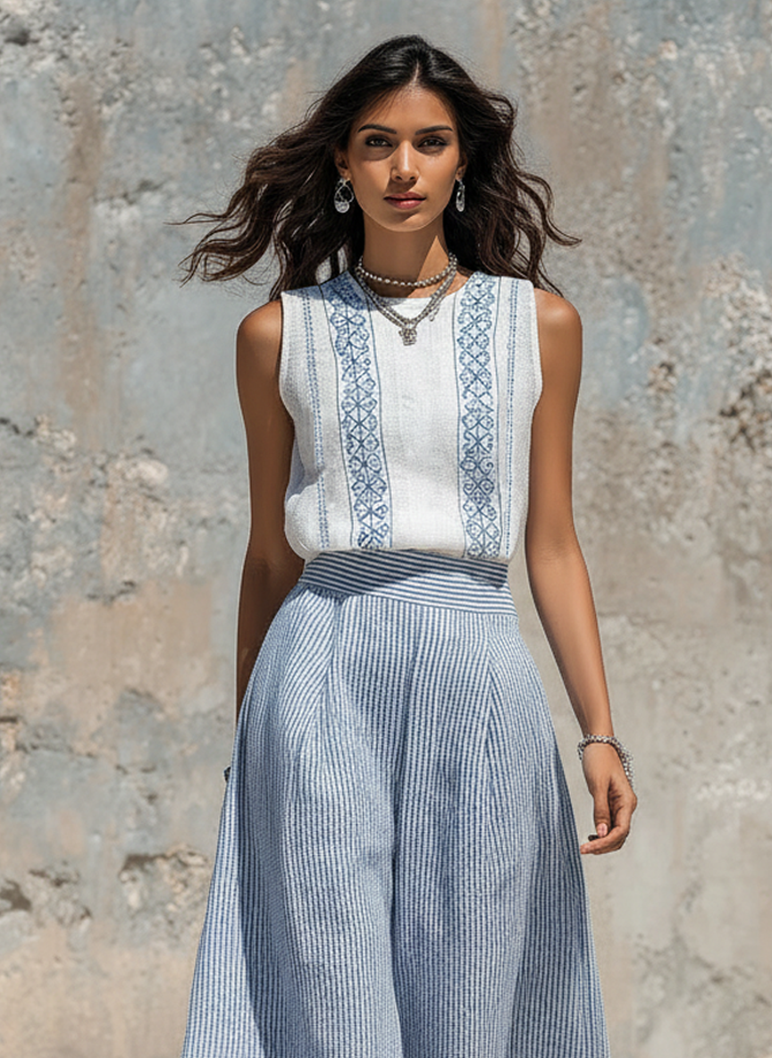 Linen Embroidered Blouse & Striped Wide-Leg Set