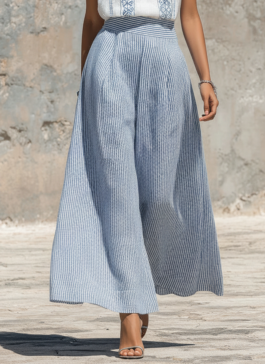 Linen Embroidered Blouse & Striped Wide-Leg Set