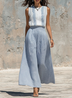 Linen Embroidered Blouse & Striped Wide-Leg Set