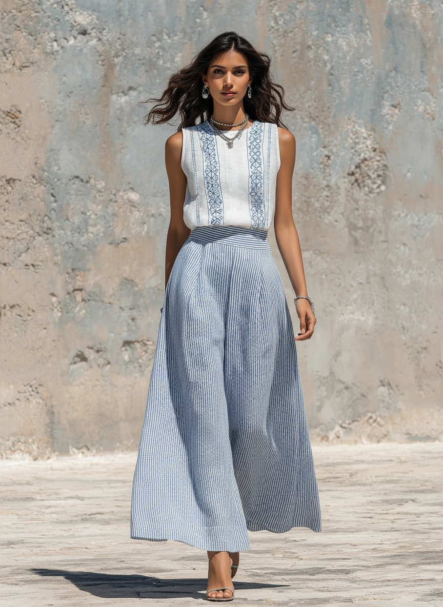 Linen Embroidered Blouse & Striped Wide-Leg Set
