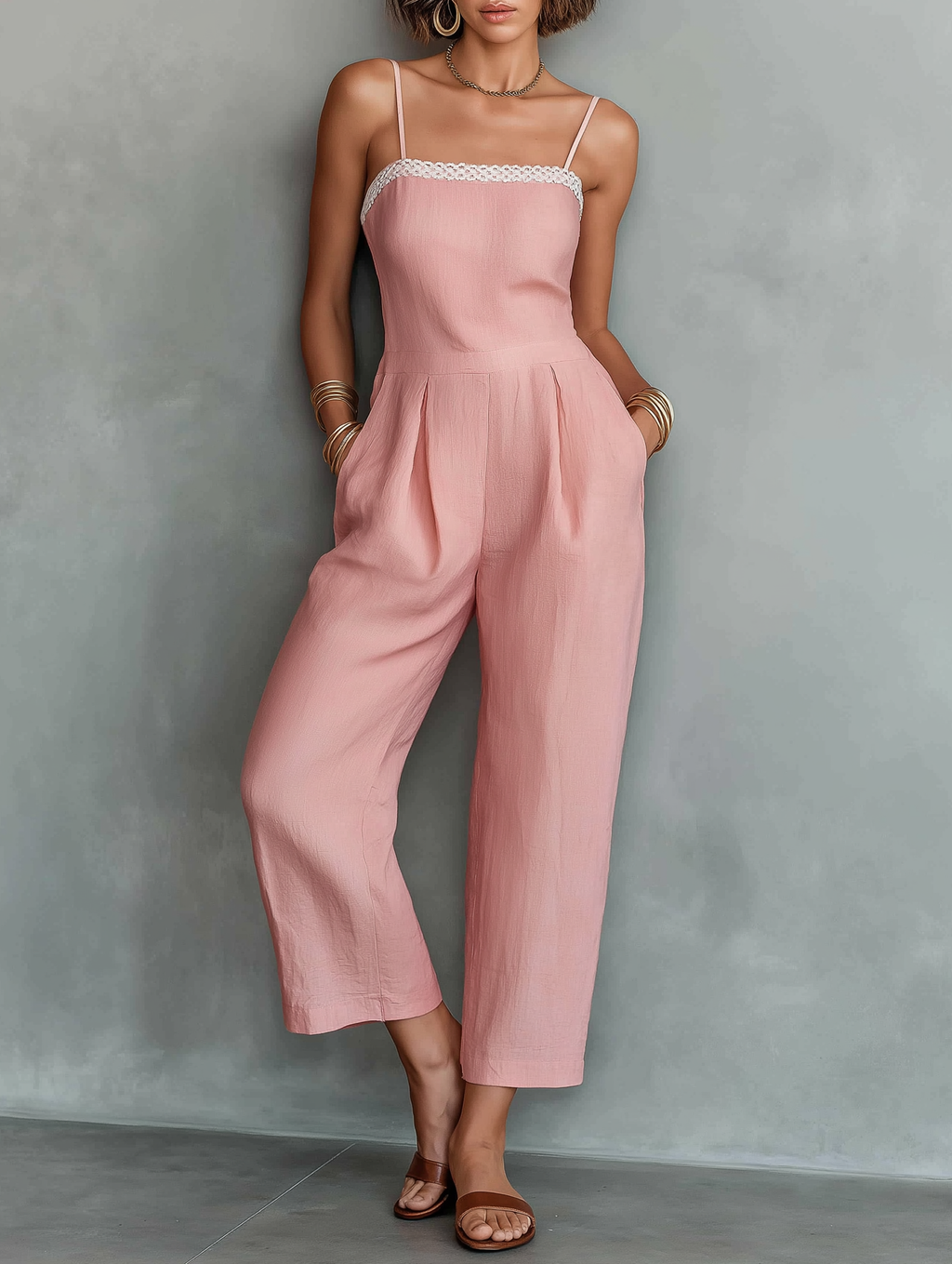 Women's Minimalist Linen-Blend Strappy Straight-Leg Cropped Jumpsuit MDZ0820D3Y