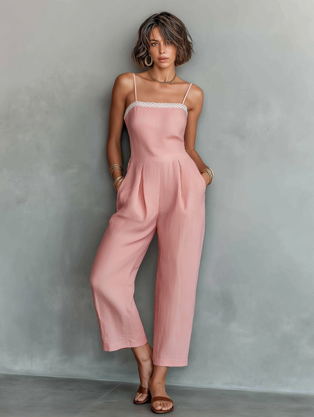 Women's Minimalist Linen-Blend Strappy Straight-Leg Cropped Jumpsuit MDZ0820D3Y