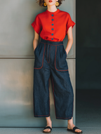 Linen Short-Sleeve Shirt & Cropped Jeans Set