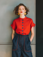 Linen Crew Neck Single-Breasted Short-Sleeve Shirt
