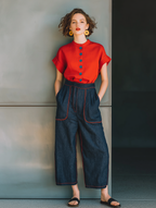 Linen Crew Neck Single-Breasted Short-Sleeve Shirt