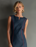 Red Contrast-Stitch Sleeveless Denim Mini Dress