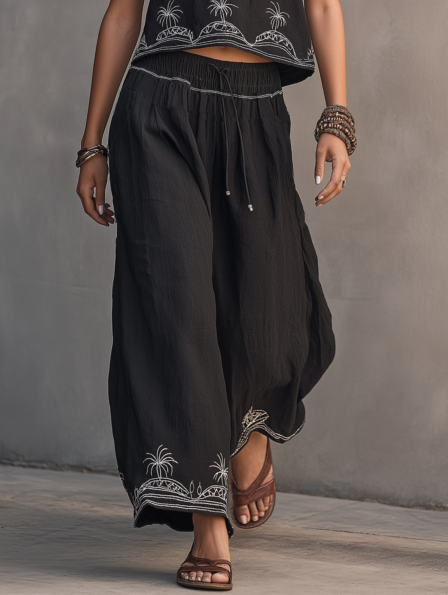 Linen Embroidered Tank Top & Wide-Leg Set