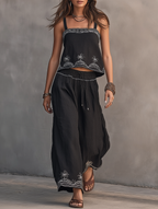 Linen Embroidered Tank Top & Wide-Leg Set